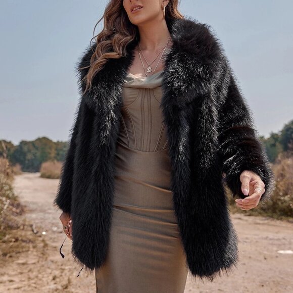 Black Preppy Womens Lapel Neck Slant Pockets Fuzzy Coat - Picture 5 of 5